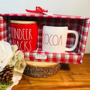 Rae Dunn Christmas Red Reindeer Snacks Cellar and Cocoa Mug Set
